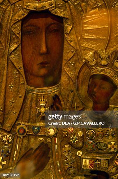 Black Madonna, icon on a wooden board, Czestochowa, Poland. Detail.