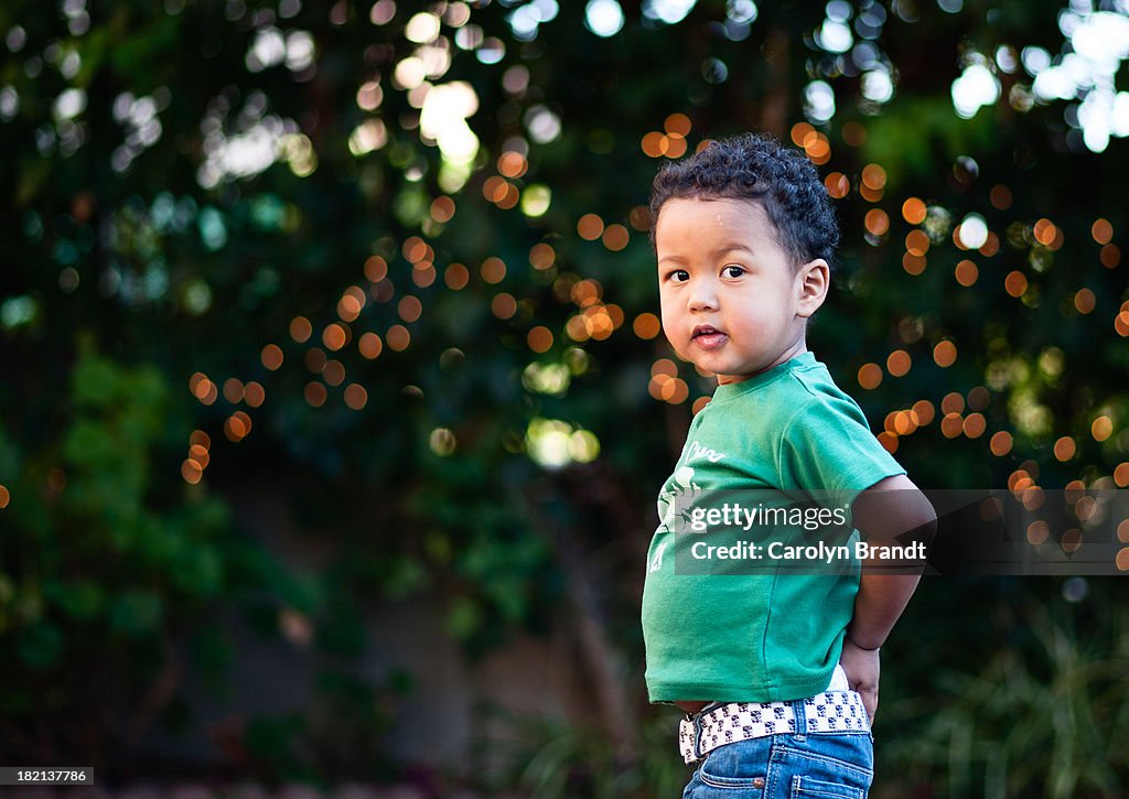 Toddler boy with twinkle lights