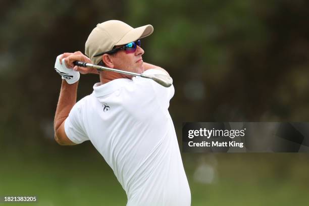 Adam Scott of Australia plays a shot on the 3rd hole during the ISPS HANDA Australian Open at The Australian Golf Course on November 30, 2023 in...