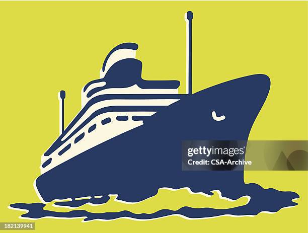 graphic of a blue cruise ship on yellow background - cruise ship stock illustrations