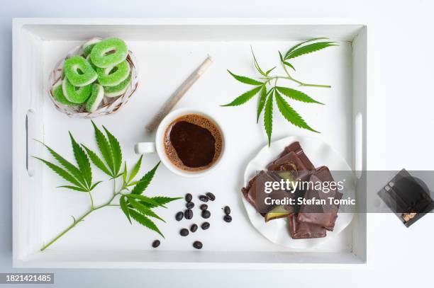 coffee, sweets and a joint on a tray - homemade smokers stock pictures, royalty-free photos & images