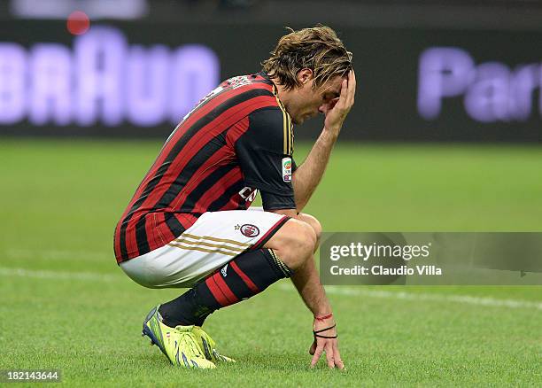 Alessandro Matri of AC Milan dejected during the Serie A match between AC Milan and UC Sampdoria at Stadio Giuseppe Meazza on September 28, 2013 in...