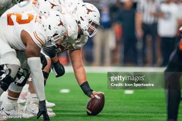 Texas Longhorns offensive lineman Jake Majors lines up to snap during the Big 12 Championship game between the Texas Longhorns and the Oklahoma State...