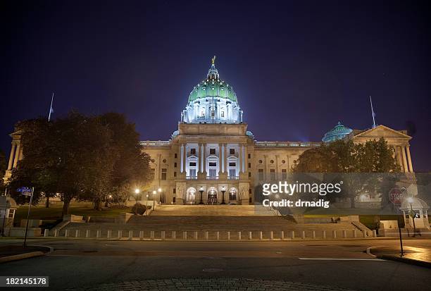 pennsylvania state capitol, night scene with tower lit - pennsylvania capitol stock pictures, royalty-free photos & images