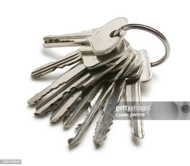 keys on a key ring on white background - sleutelring stockfoto's en -beelden