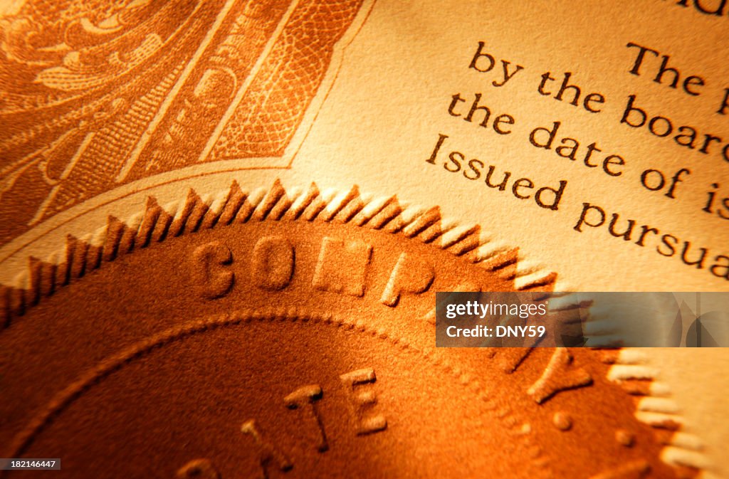 Close up of a company seal on old stock certificate