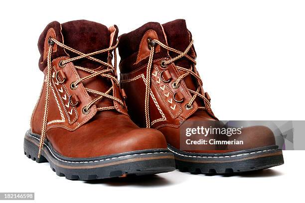 pair of new brown leather boots with fabric trim - brown shoe bildbanksfoton och bilder