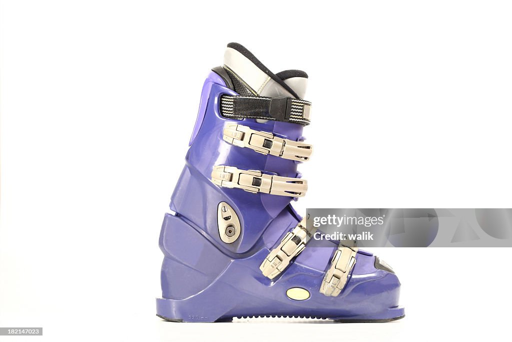 Purple white and black ski boot on white background