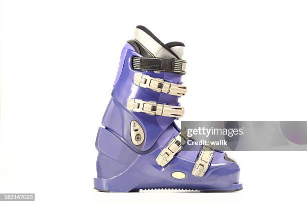 purple white and black ski boot on white background - ski boot stock pictures, royalty-free photos & images