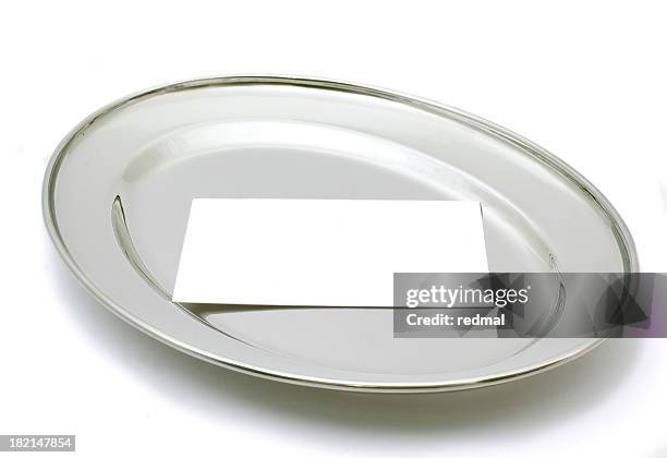 silver platter and card - metal serving tray stock pictures, royalty-free photos & images