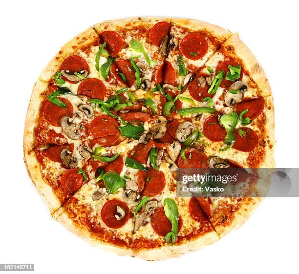 pizza from the top - deluxe - pepperoni pizza stock pictures, royalty-free photos & images