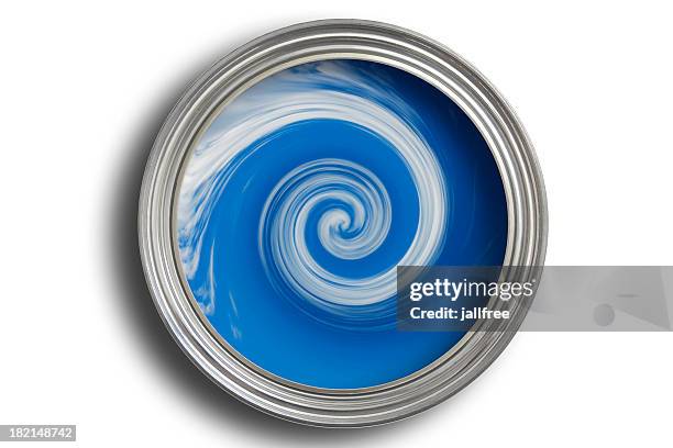 open paint tine with blue paint being mixed in it - diy top view stock pictures, royalty-free photos & images