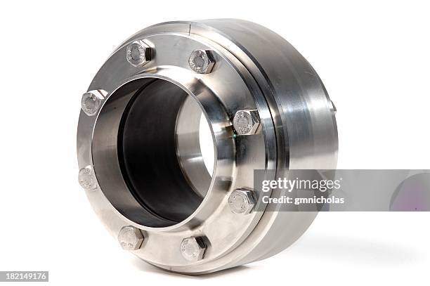 a shiny chrome valve isolated on white - machine part stockfoto's en -beelden