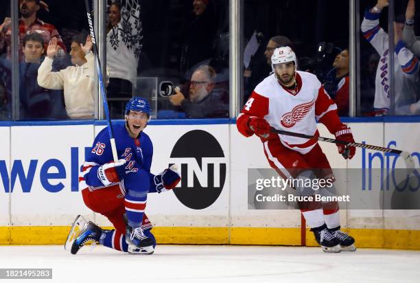 Jimmy Vesey of the New York Rangers scores the game-winning goal against the Detroit Red Wings at Madison Square Garden on November 29, 2023 in New...