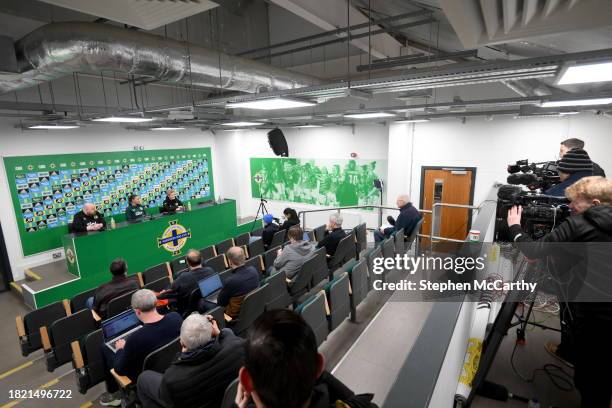 Belfast , United Kingdom - 4 December 2023; Interim head coach Eileen Gleeson with Katie McCabe and media officer Gareth Maher during a Republic of...