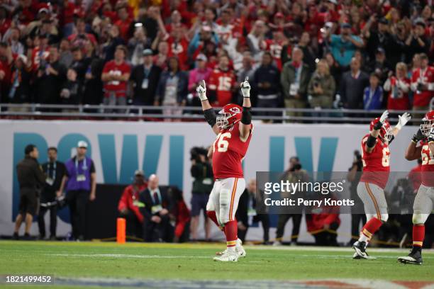 Laurent Duvernay-Tardif of the Kansas City Chiefs celebrates on the field against the San Francisco 49ers during Super Bowl LIV at Hard Rock Stadium...