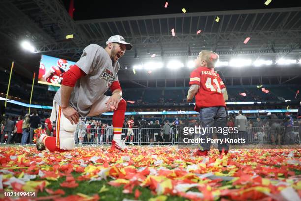 James Winchester of the Kansas City Chiefs celebrates after winning against the San Francisco 49ers in Super Bowl LIV at Hard Rock Stadium on...