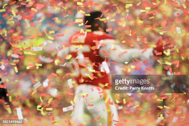 Frank Clark of the Kansas City Chiefs celebrates against the San Francisco 49ers after Super Bowl LIV at Hard Rock Stadium on February 2, 2020 in...