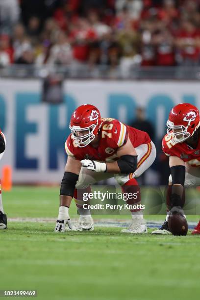 Laurent Duvernay-Tardif of the Kansas City Chiefs in a three-point stance on the line of scrimmage against the San Francisco 49ers during Super Bowl...