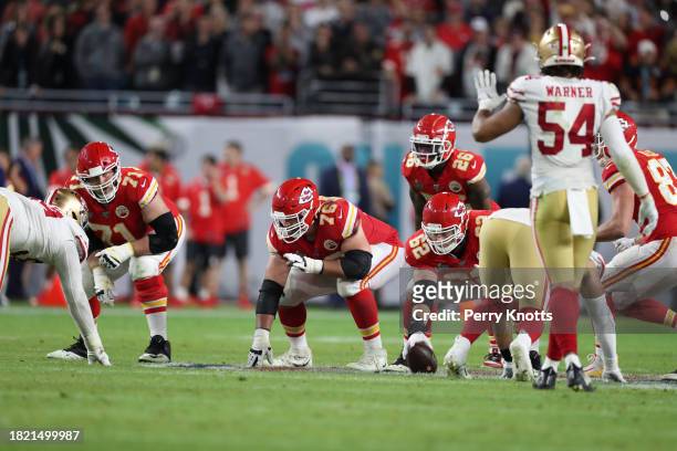 Laurent Duvernay-Tardif of the Kansas City Chiefs in a three-point stance on the line of scrimmage against the San Francisco 49ers during Super Bowl...