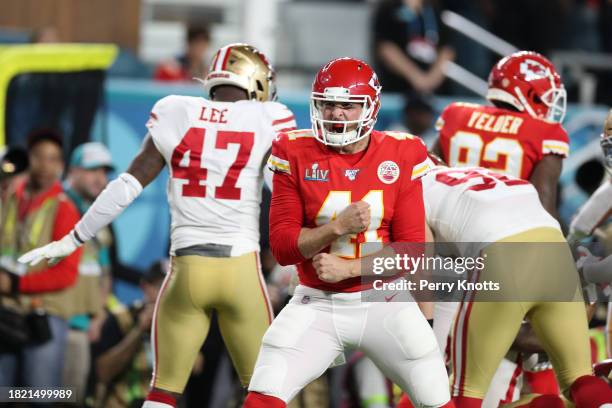 James Winchester of the Kansas City Chiefs celebrates after a play against the San Francisco 49ers during Super Bowl LIV at Hard Rock Stadium on...