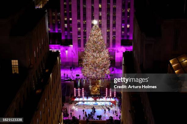 View of the lit tree during the 2023 Rockefeller Center Christmas Tree Lighting Ceremony at Rockefeller Center on November 29, 2023 in New York City.