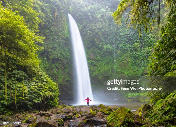 female tourist enjoying at nungnung waterfall, north bali, indonesia - bali stock pictures, royalty-free photos & images