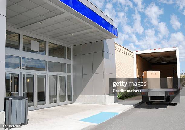 delivery truck at building door - removal van stock pictures, royalty-free photos & images