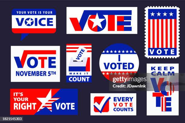 stockillustraties, clipart, cartoons en iconen met usa elections patriotic voting label designs icons text, flags, symbols american flag textures - stembiljet