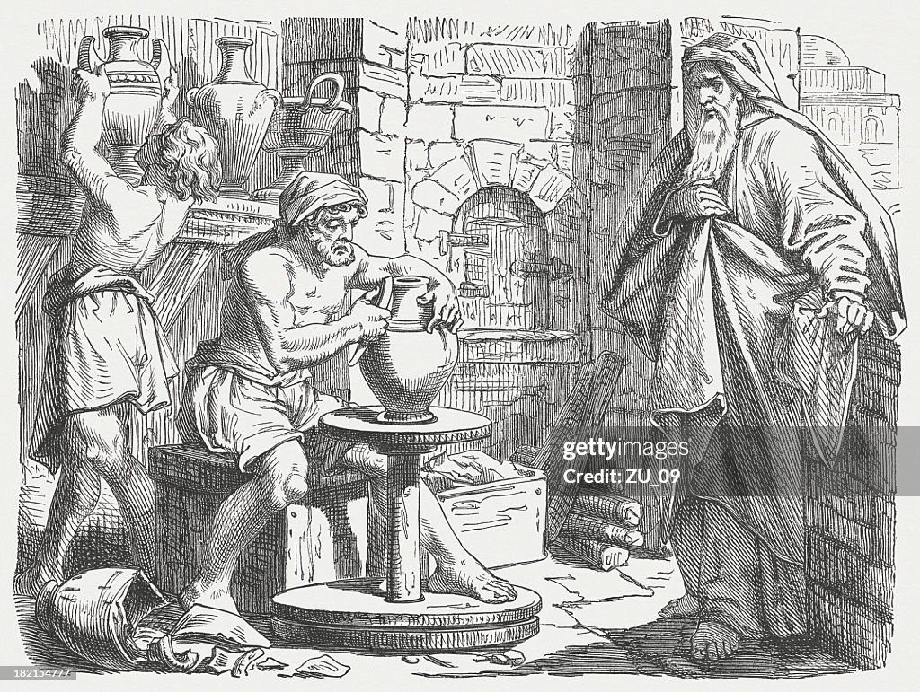 Jeremiah at the potter (Jeremiah 18), wood  engraving, published 1877