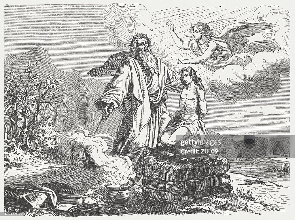 Abraham and Isaac (Genesis 22, 11-13), wood engraving, published 1877