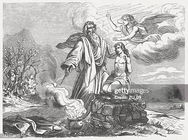 abraham and isaac (genesis 22, 11-13), wood engraving, published 1877 - abraham stock illustrations