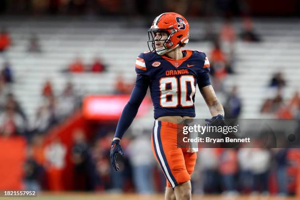 Isaiah Jones of the Syracuse Orange lines up during the second quarter against the Wake Forest Demon Deacons at JMA Wireless Dome on November 25,...