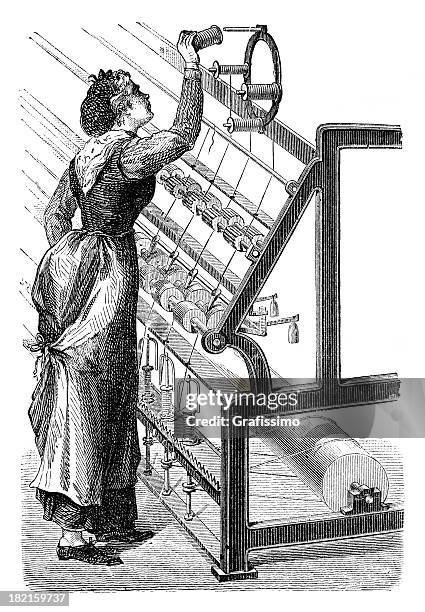 engraving woman putting quill of linen into textil machine - loom stock illustrations