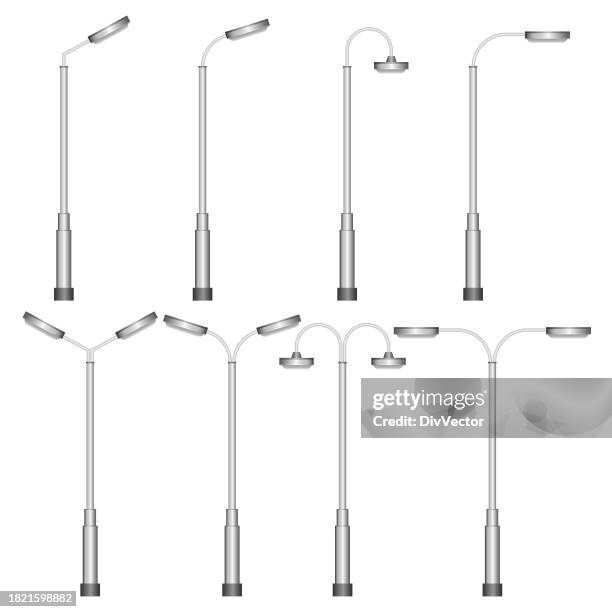 ilustraciones, imágenes clip art, dibujos animados e iconos de stock de conjunto vectorial de lámparas de alumbrado público - poste de madera