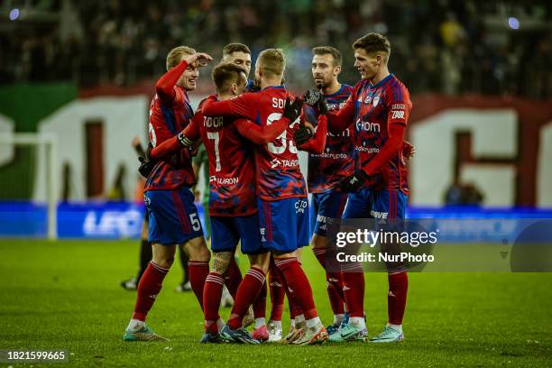 The Raków Czstochowa team is playing in a match of the main league of Poland against WKS lsk Wrocaw, with the score tied at 1:1, in Wrocaw, Poland,...