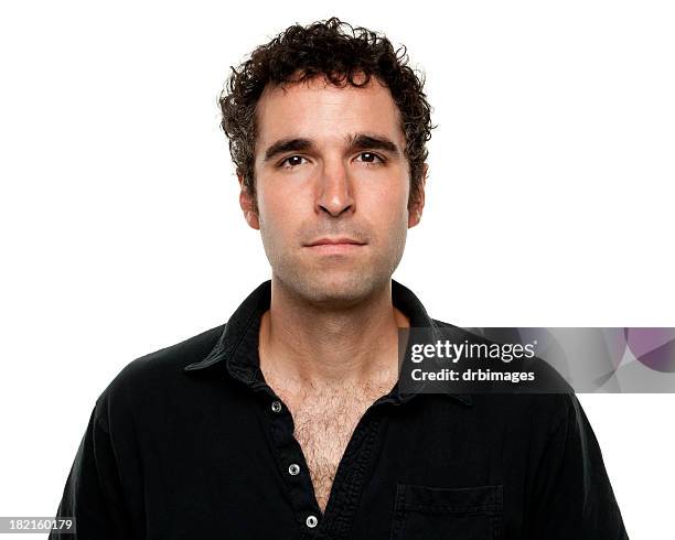 serious man in black shirt portrait - mens hairy chests stock pictures, royalty-free photos & images