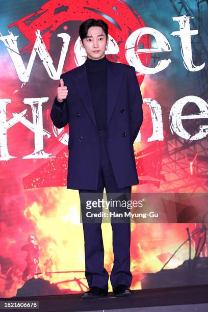 Former member of South Korean boy band B1A4, Jinyoung is seen at the Netflix 'Sweet Home Season 2" a Press Conference on November 30, 2023 in Seoul,...
