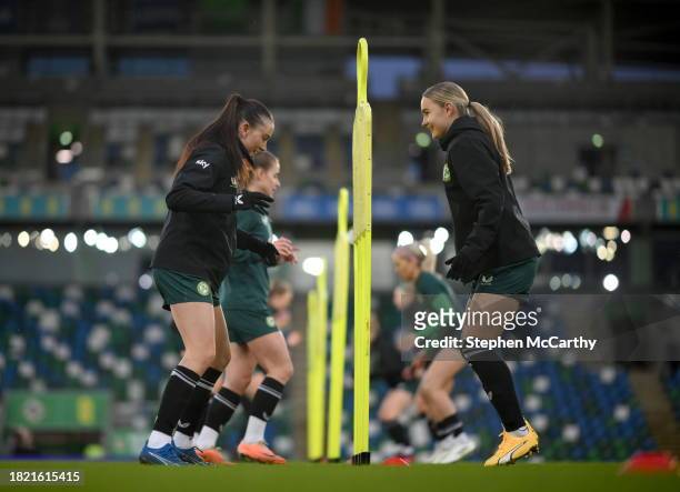 Belfast , United Kingdom - 4 December 2023; Abbie Larkin, left, and Izzy Atkinson during a Republic of Ireland women training session at the National...