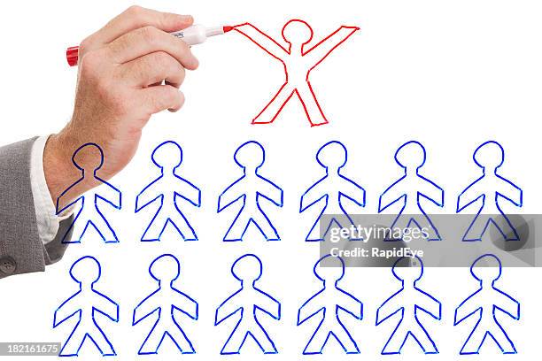 one in a million! single red stick man amongst blue - stick figure drawing stock pictures, royalty-free photos & images