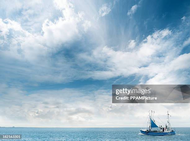 aerial view of a shrimp boat on ocean - shrimp boat stock pictures, royalty-free photos & images