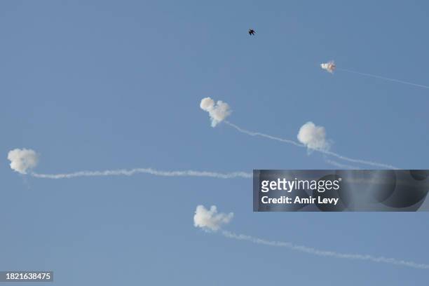 Israel's Iron Dome anti missile system intercepts rocket fired from the Gaza Strip on December 4, 2023 in Tel Aviv, Israel. Israel steps up military...