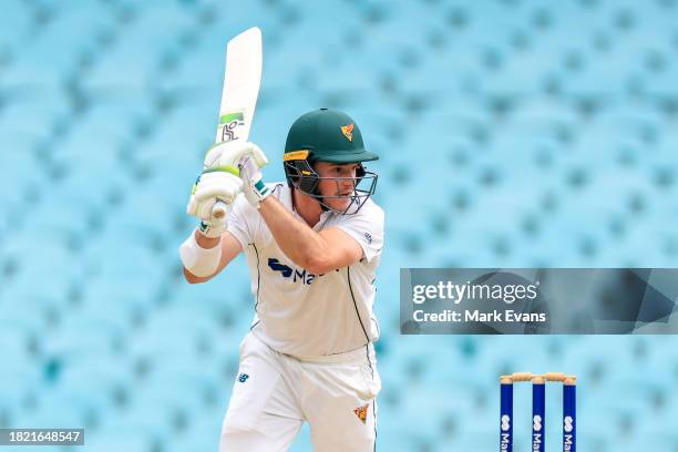 Tim Ward of the Tigers hits a boundary during the Sheffield Shield match between New South Wales and Tasmania at SCG, on November 30 in Sydney,...