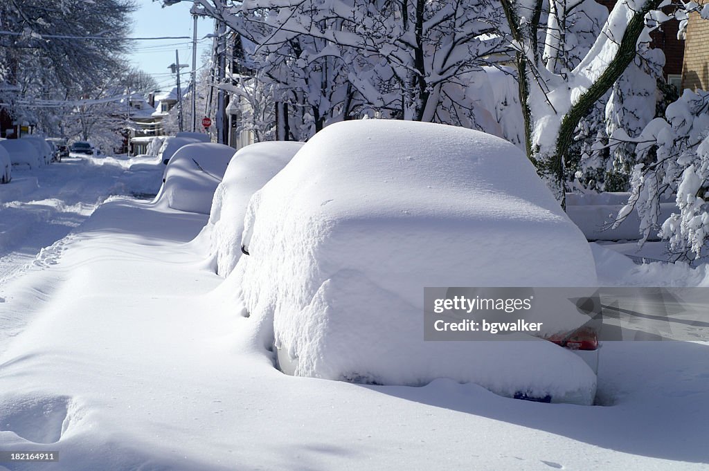 Parked Cars Covered with Snow in Blizzard on City Street
