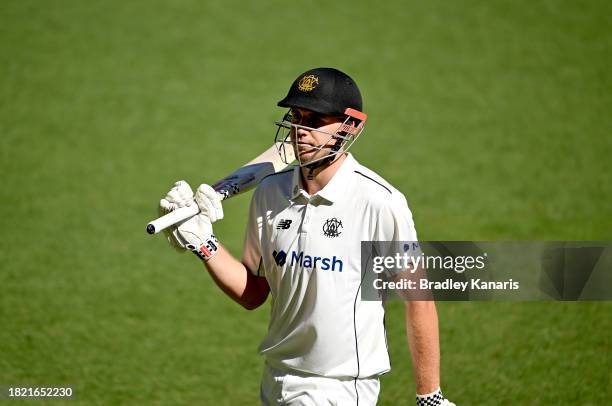 Cameron Green of Western Australia looks dejected after losing his wicket during day 3 of the Sheffield Shield match between Queensland and Western...