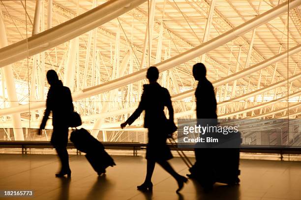 silhouettes of travellers in airport, blurred motion - global entry stockfoto's en -beelden