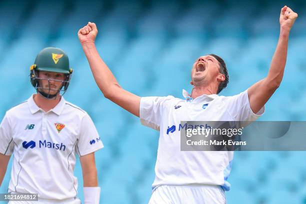 Chris Tremain of the Blues celebrates his sixth wicket, bowling out Jarrod Freeman of the Tigers during the Sheffield Shield match between New South...