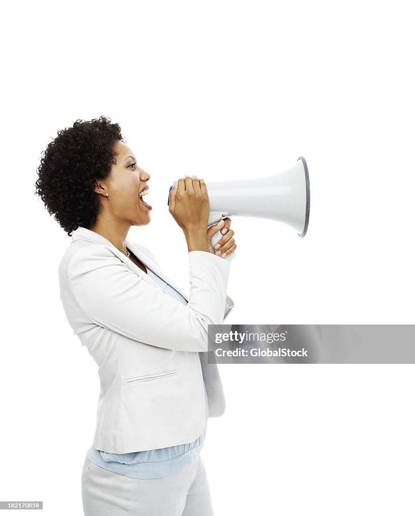 Mulher de negócios a gritar no Megafone