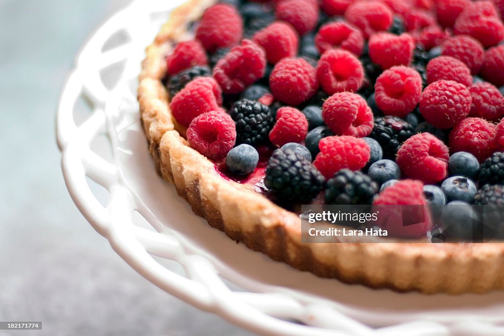 A raspberry and blackberry tart