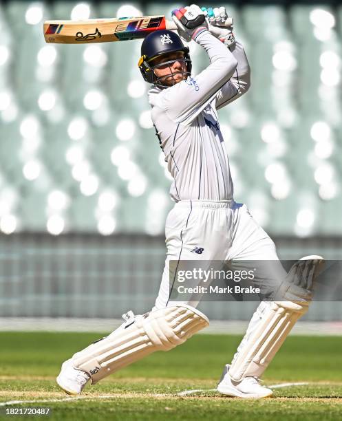 Fergus O'Neill of the Bushrangers bats during the Sheffield Shield match between South Australia and Victoria at Adelaide Oval, on November 30 in...